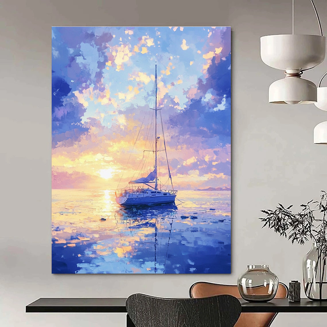 Serene Sailboat Sunset Abstract Painting with Dreamy Colors GAB0015