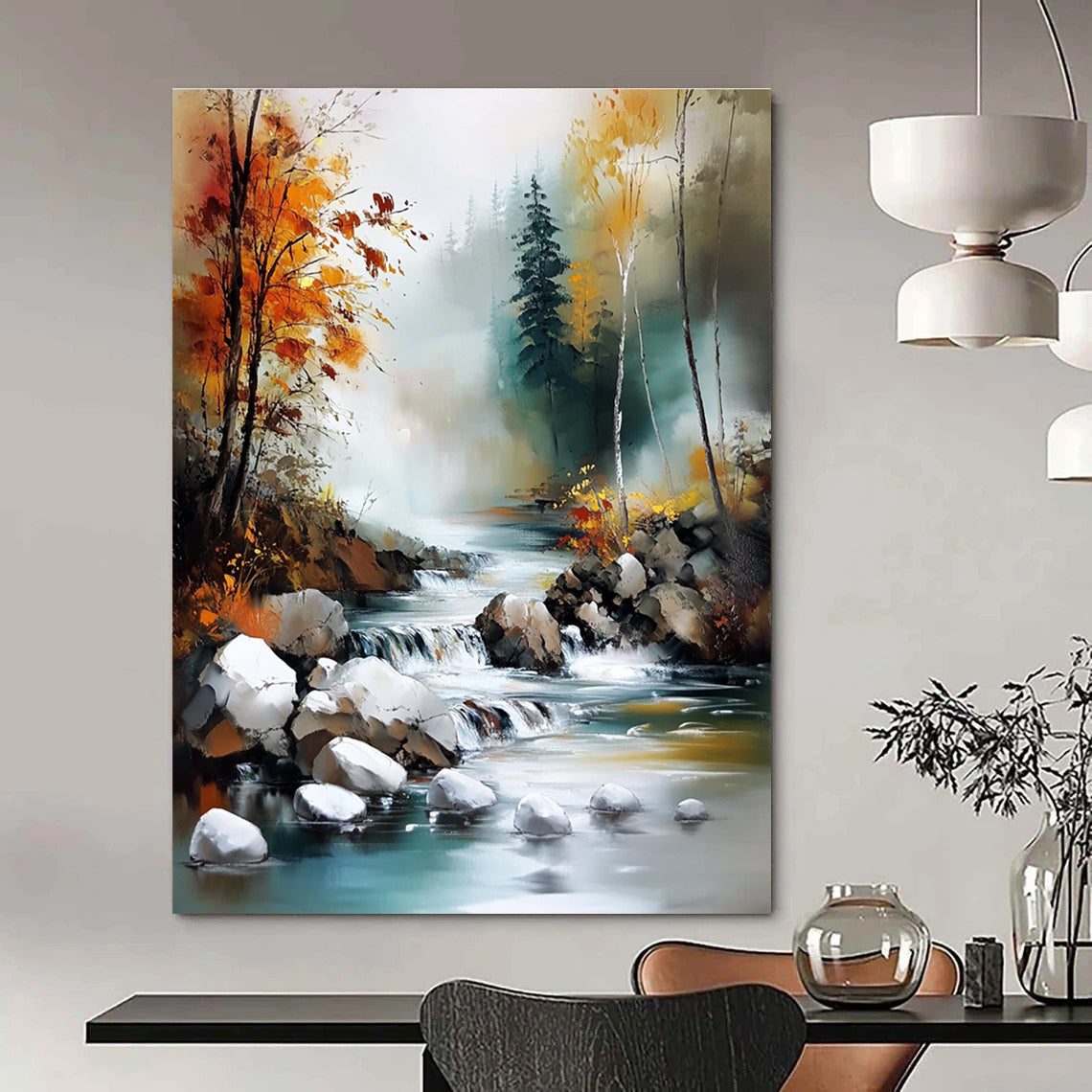 River in Autumn Forest Serene Landscape Abstract Painting GAB0326