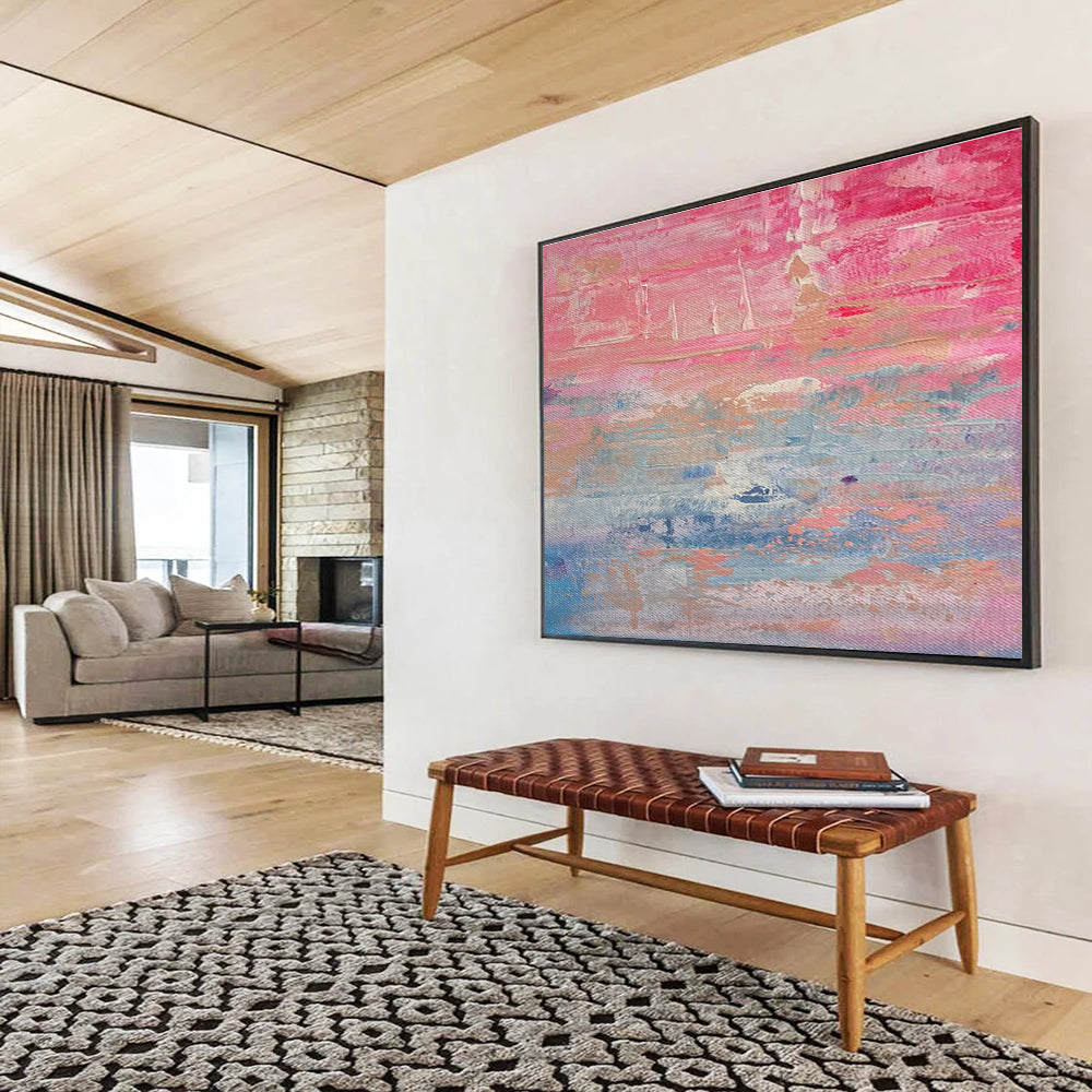 Pink - Blue Abstract Sunset Painting for Romantic Bed and Breakfasts YHT386