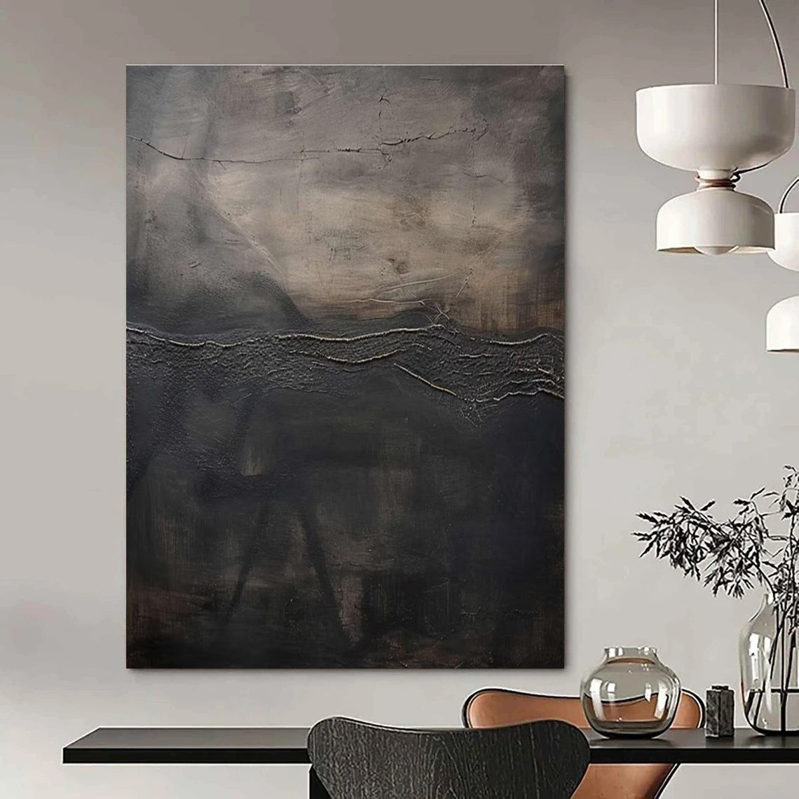 Textured Dark Abstract Landscape Painting for Avant - Garde Art Spaces HENG515