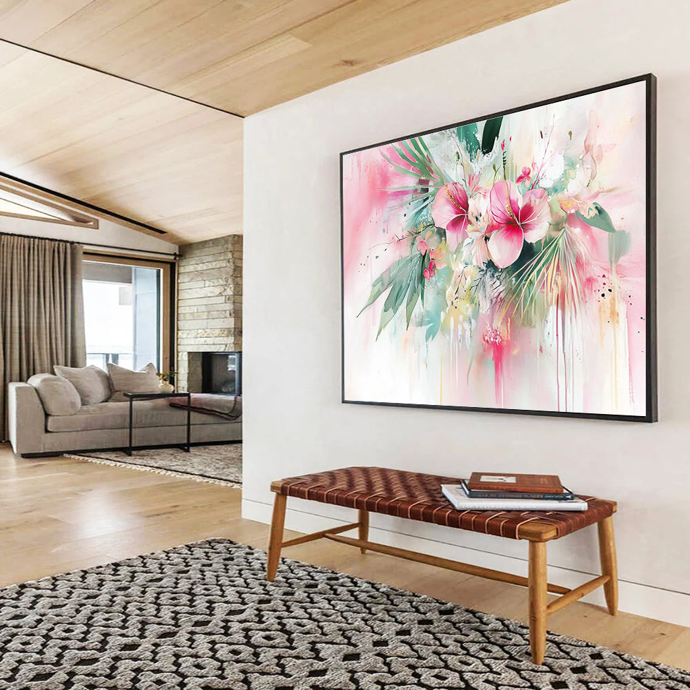Pink Floral Watercolor Abstract Painting with Lively, Dripping Blooms ABS449