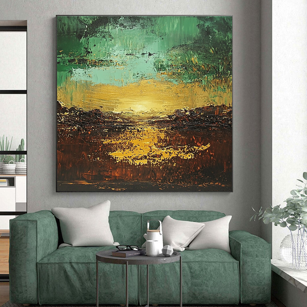 Green - Gold Abstract Landscape Painting with Ethereal Sunset WINK430