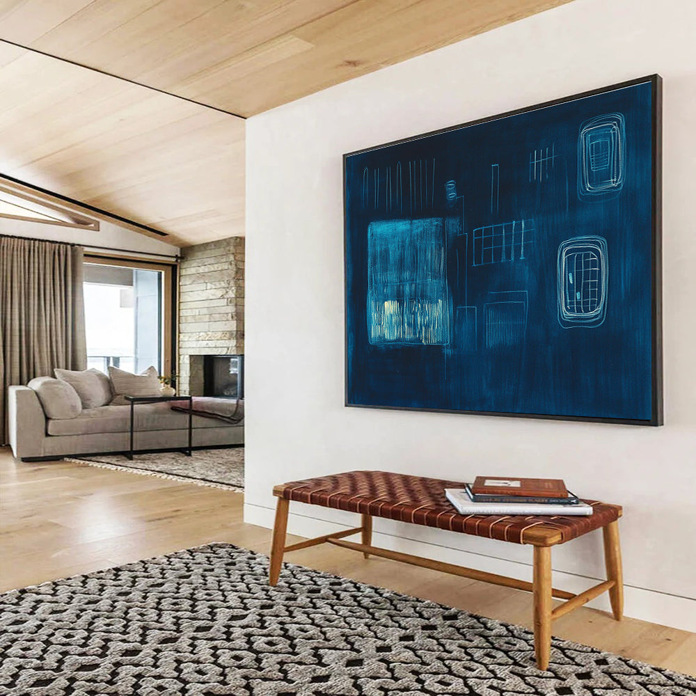 Dark Blue Abstract Forms Painting with Subtle, Mysterious Compositions ABS506