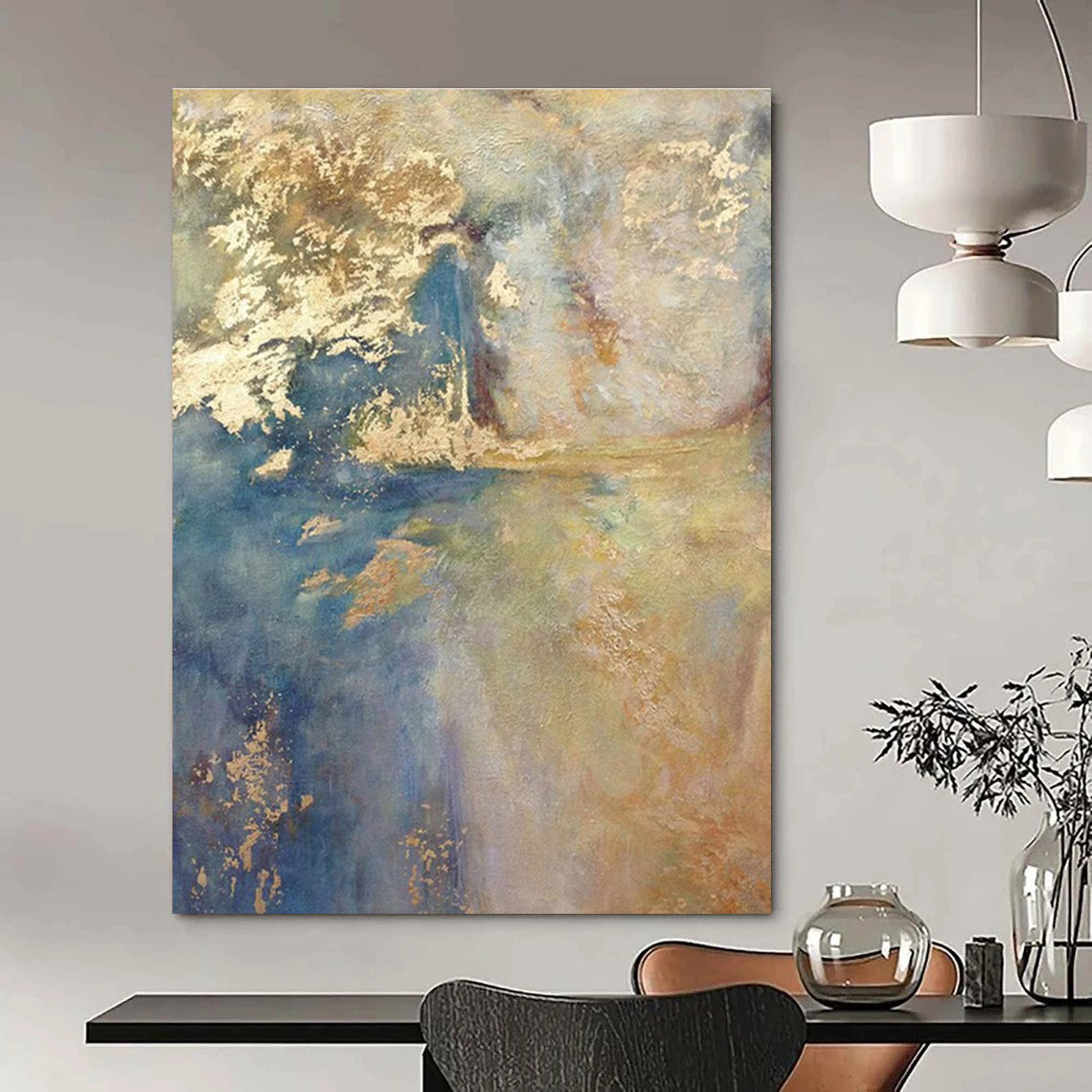 Blue and Gold Abstract Landscape Painting for Elegant Dining Rooms HENG518
