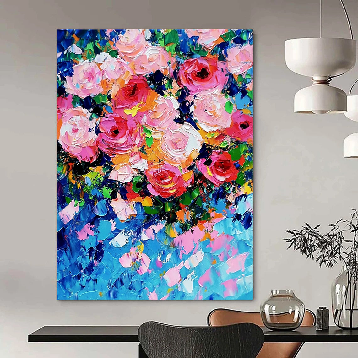 Bold Pink Rose Bouquet Abstract Painting of Passionate Blooms GAB0161