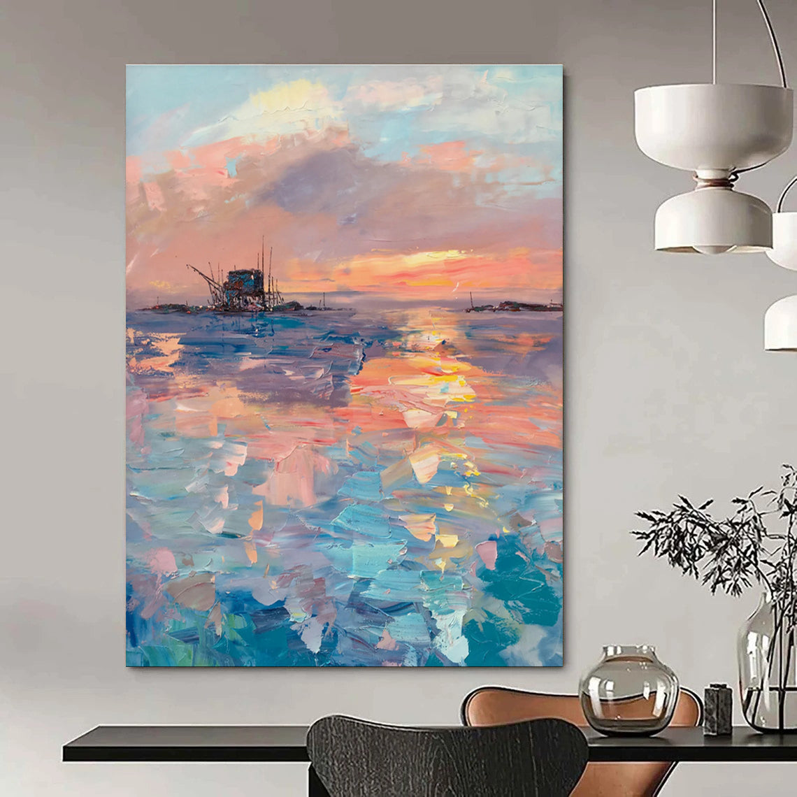 Sunset Over the Sea with Structure Abstract Painting for Nautical - Themed Restaurants HENG531