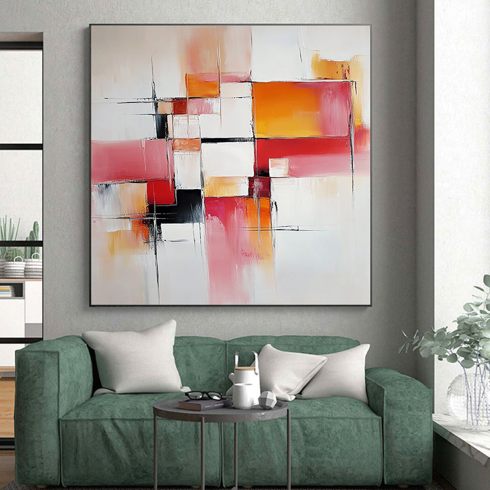 Pink Orange Geometric Abstract Painting with Delicate Lines WINK681