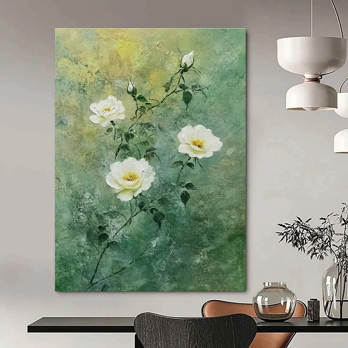 White Roses on Green Delicate Abstract Painting for Fresh Interiors GAB1538