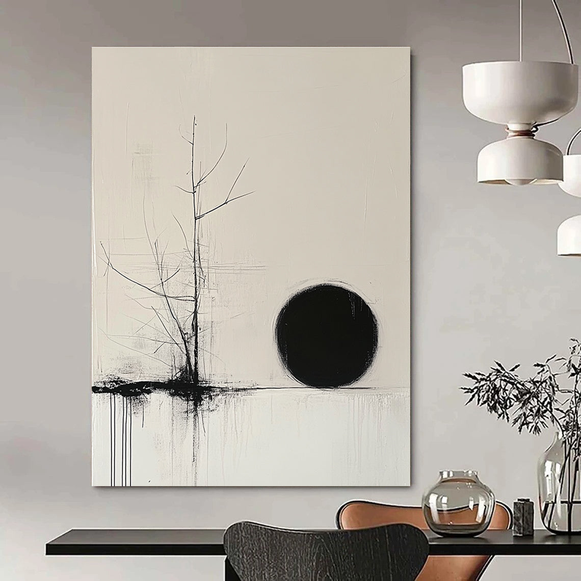 Bare Tree and Black Circle Abstract Painting of Quiet Contemplation GAB0204
