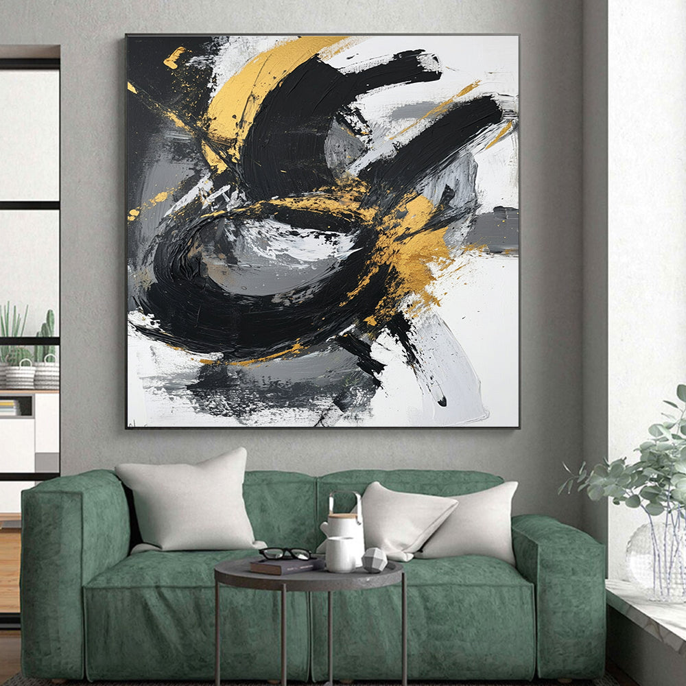 Gold - Black Abstract Swirl Painting with Elegant Movement WINK367