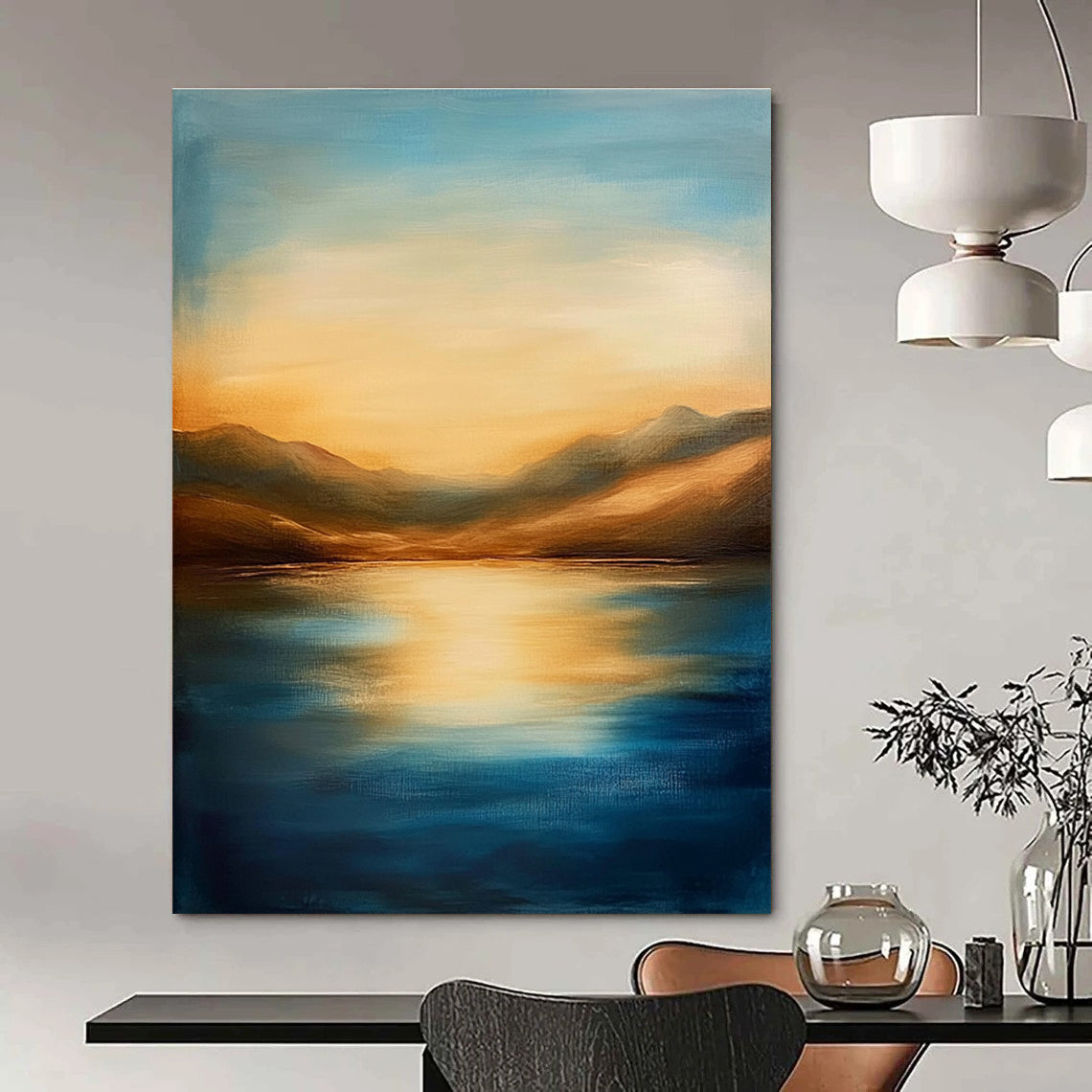 Golden Lake and Mountains - Majestic Landscape Abstract Art GAB0528