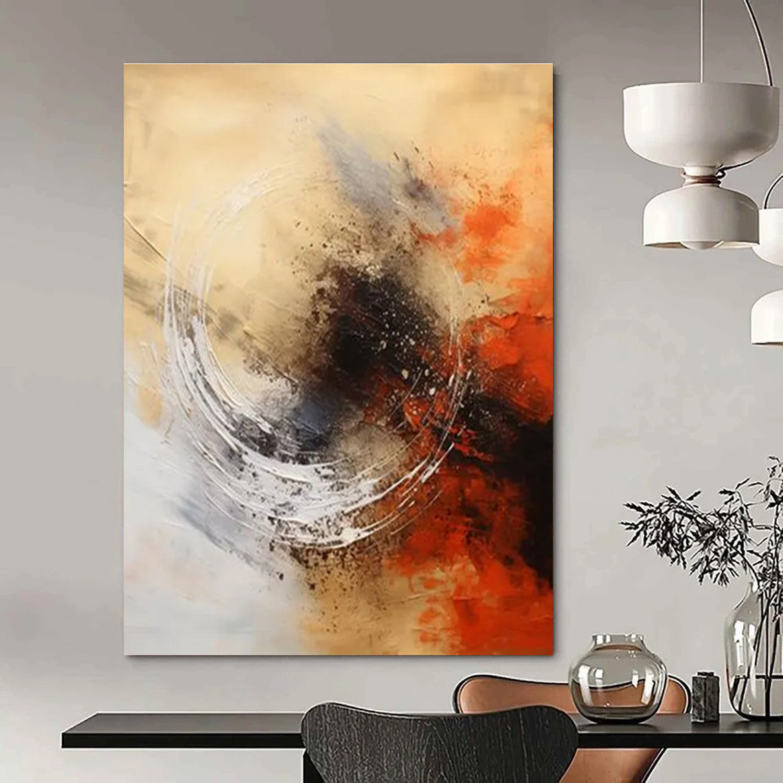 Beige - Orange - Black Abstract Painting for Artistic Dining Areas HENG121