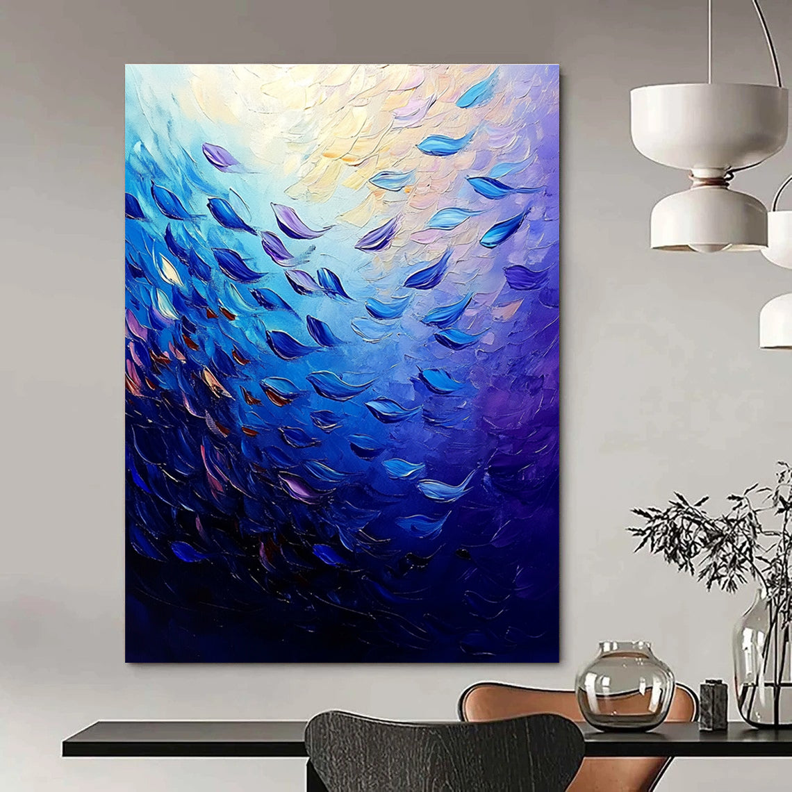 Blue Fish School Abstract Painting for Nautical - Themed Bars GAB1285