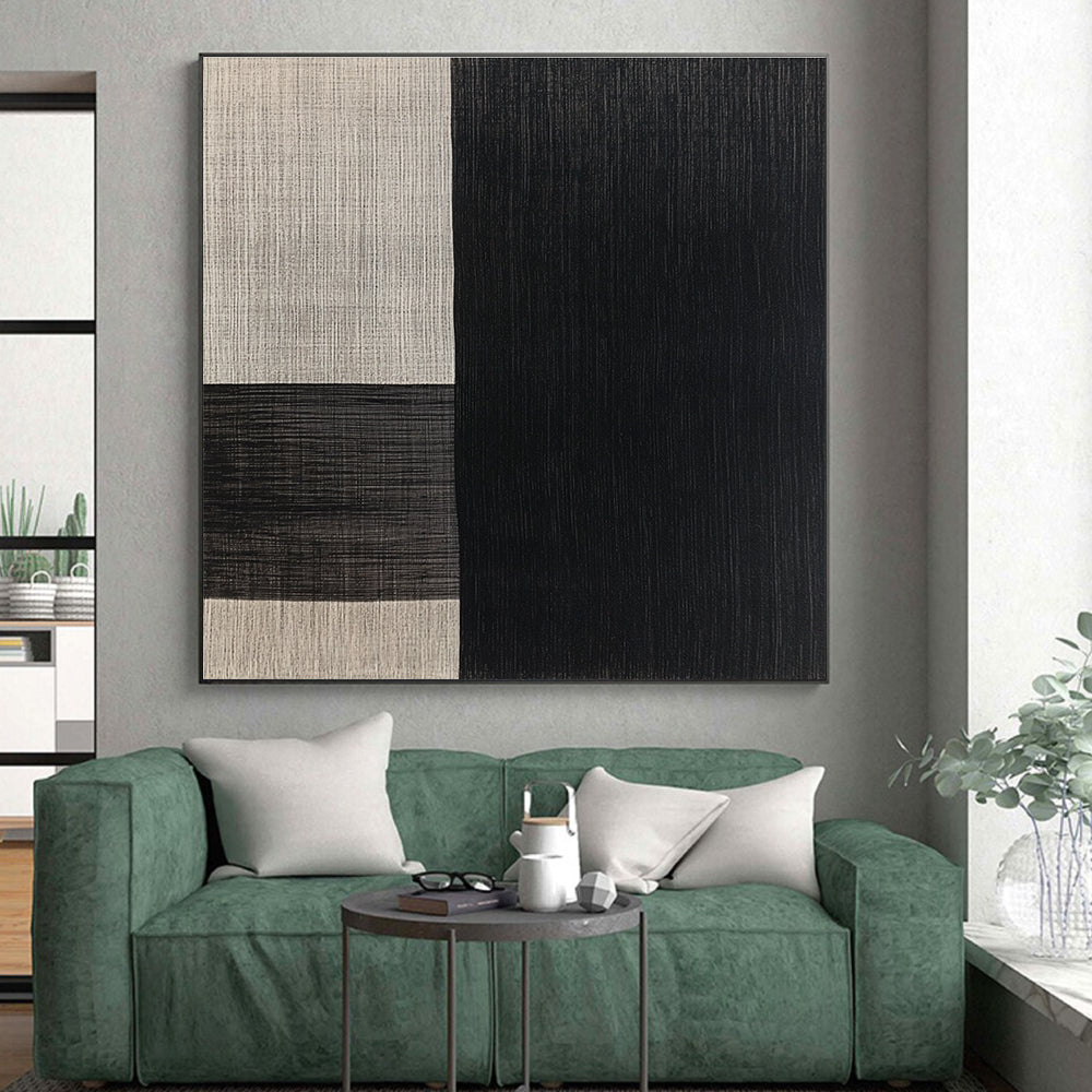 Black and Beige Textured Squares Abstract Painting with Tactile Simplicity WINK015