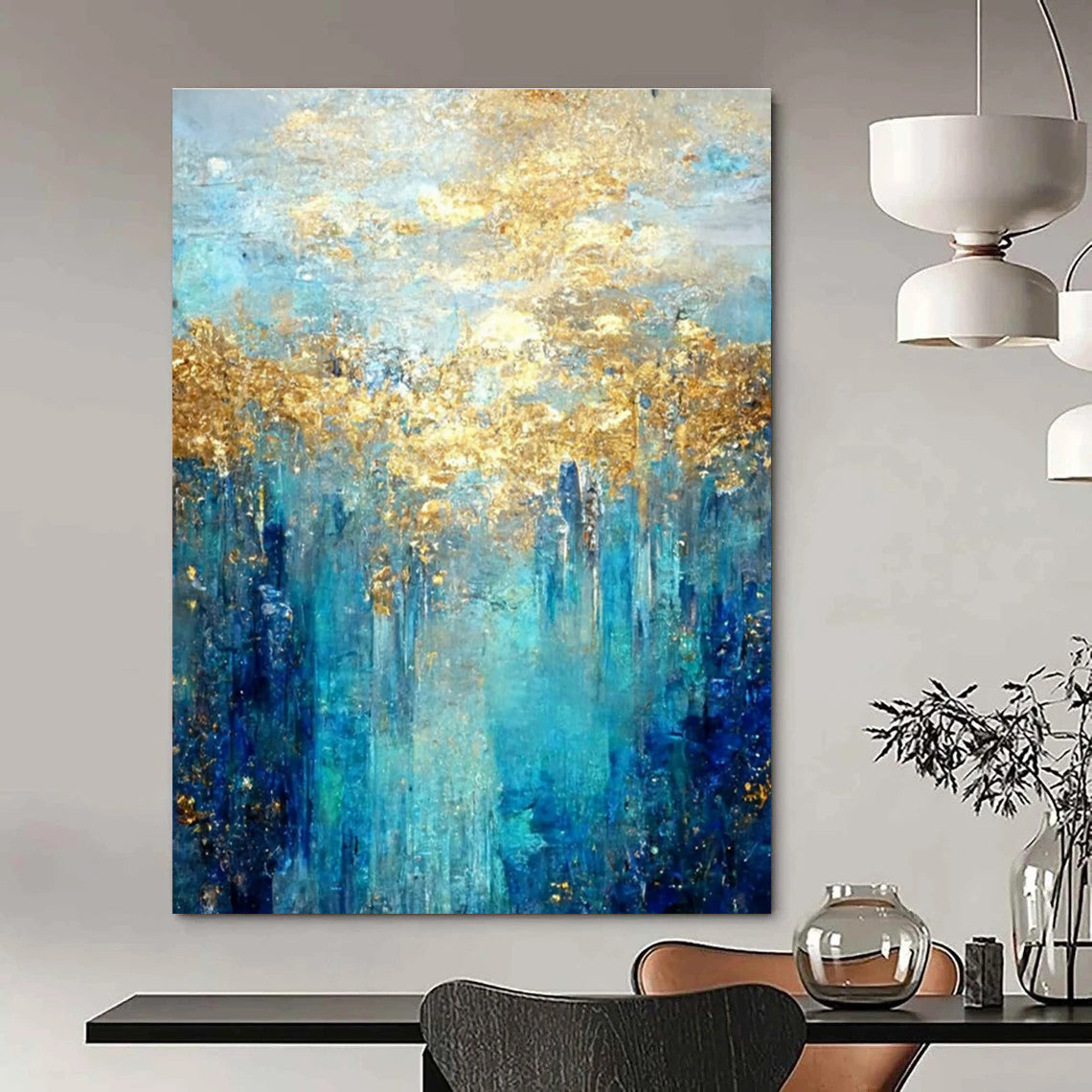 Enchanted Blue - Gold Forest Abstract Painting for Nature - Themed Cafes HENG065