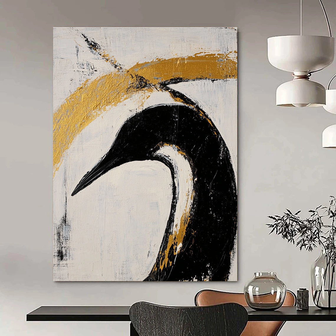 Black Bird with Gold Highlights - Edgy Figurative Abstract Art GAB0437