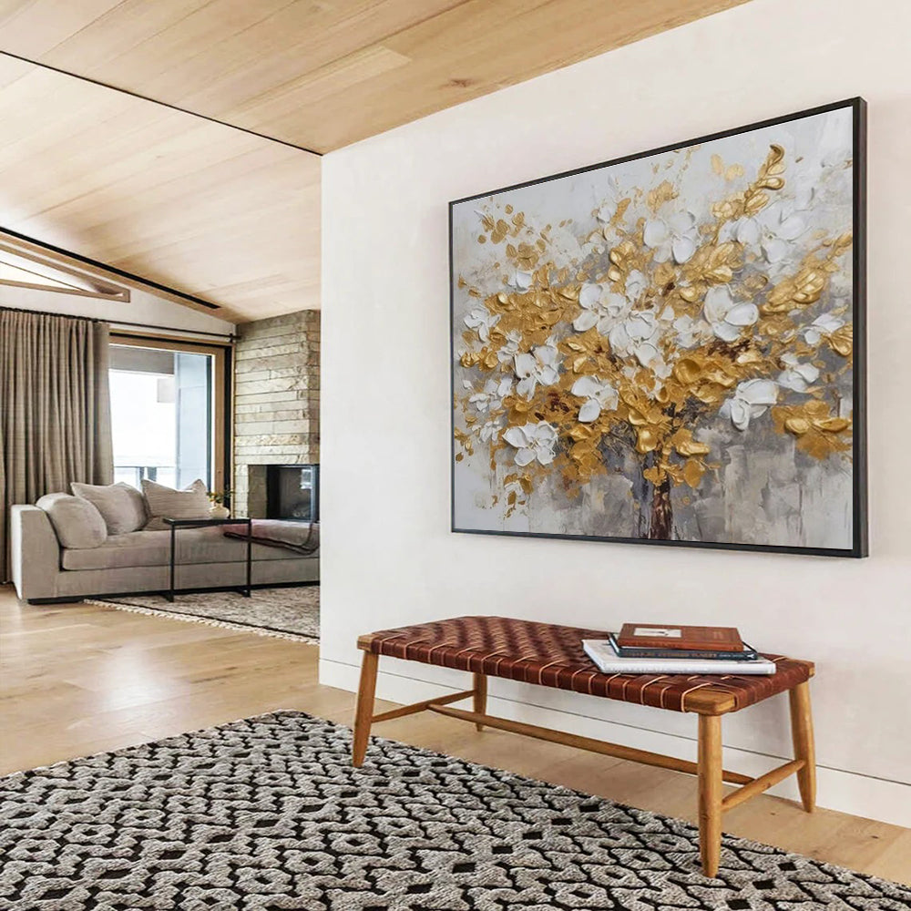 Gold and White Floral Abstract Painting for Luxurious Dining Rooms YHT246