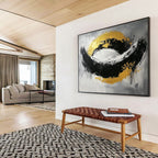 Black, White, and Gold Abstract Painting with Bold Shapes ABS296