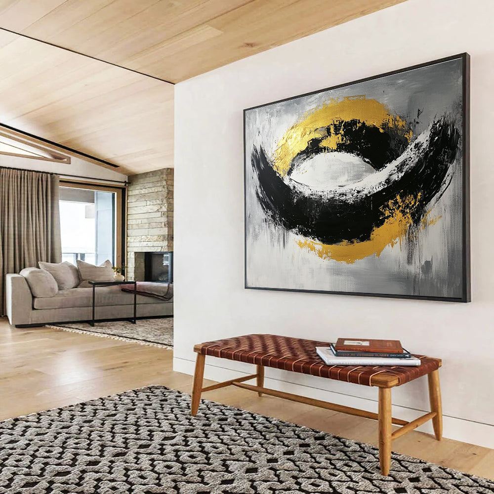 Black, White, and Gold Abstract Painting with Bold Shapes ABS296