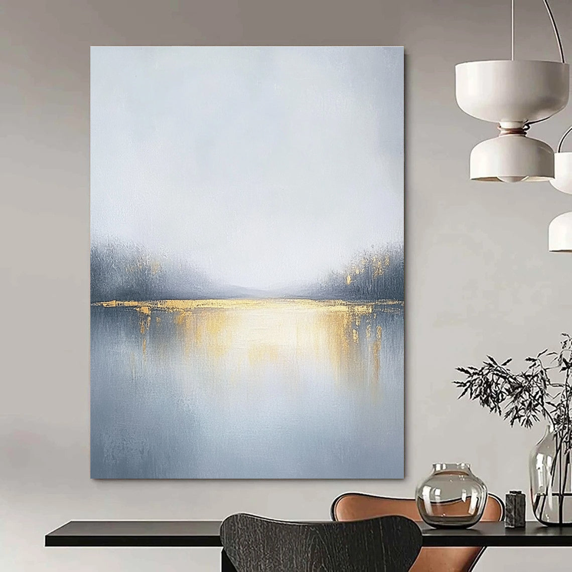 Misty Lake with Gold Abstract Painting for Elegant Retreats GAB0742