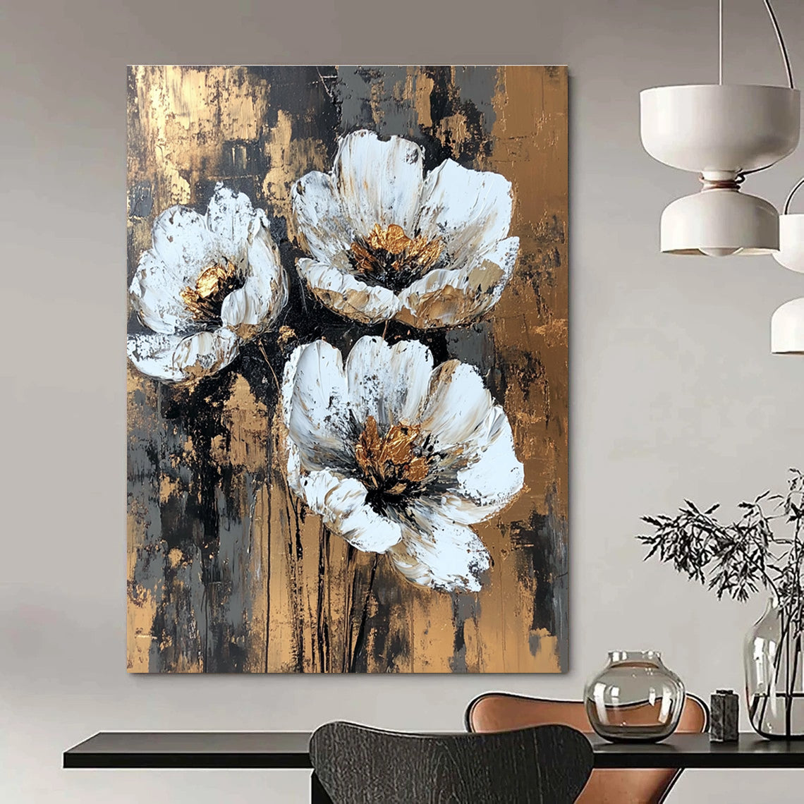 Gold - Accented Floral Abstract Painting for Luxury Dining Rooms GAB1252