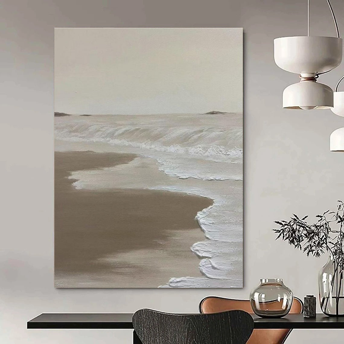 Beige Coastal Abstract Painting for Beach House Living Rooms HENG521