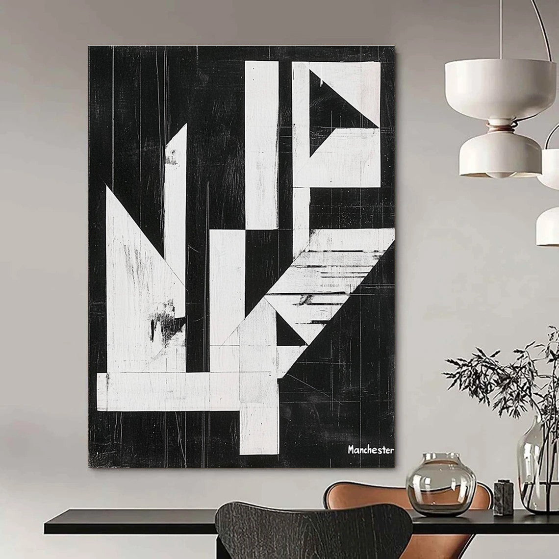 Geometric Black and White Abstract Painting of Architectural Form GAB0197