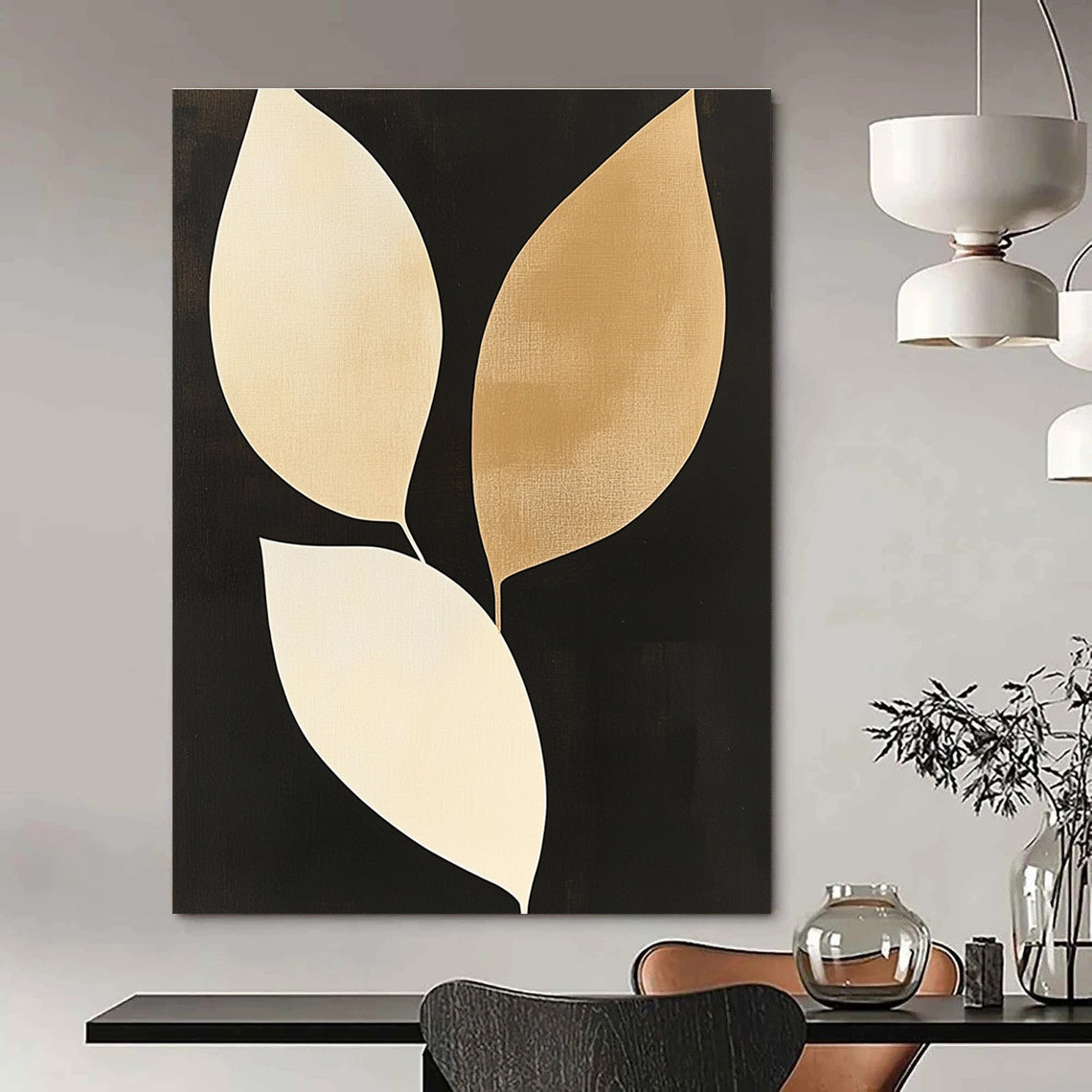 Gold and Beige Leaves Sophisticated Botanical Abstract Painting GAB0295