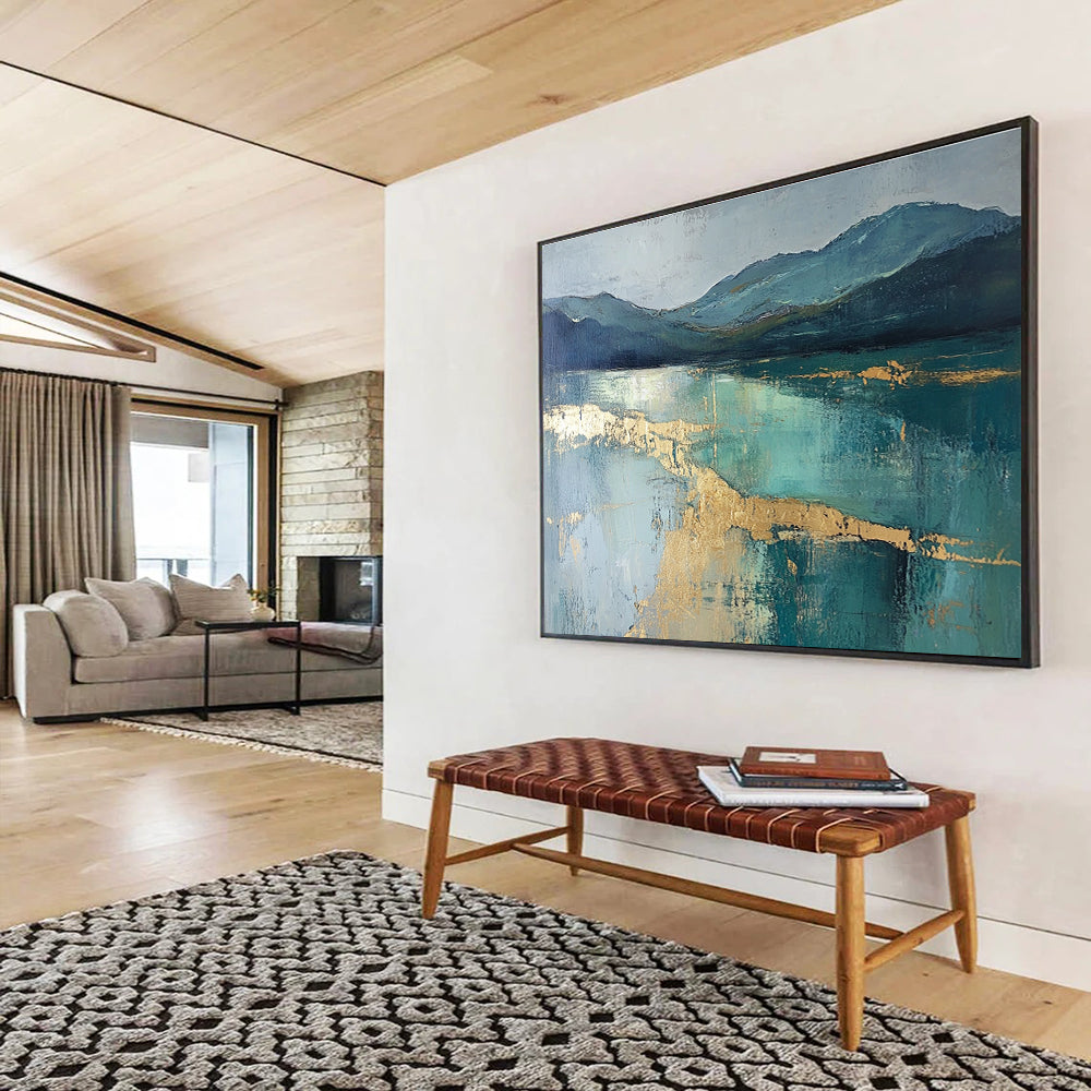 Mountain Lake Abstract Painting with Teal and Gold ABS266