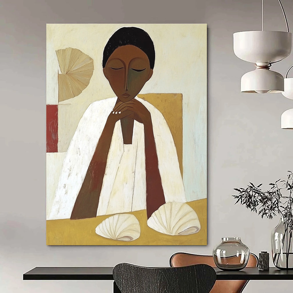 Serene Figure with Shells Cultural Narrative Abstract Painting GAB0269