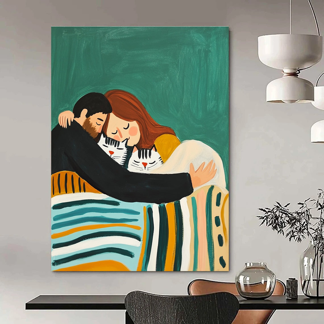 Cozy Family and Cats Painting with Heartwarming Charm GAB0106
