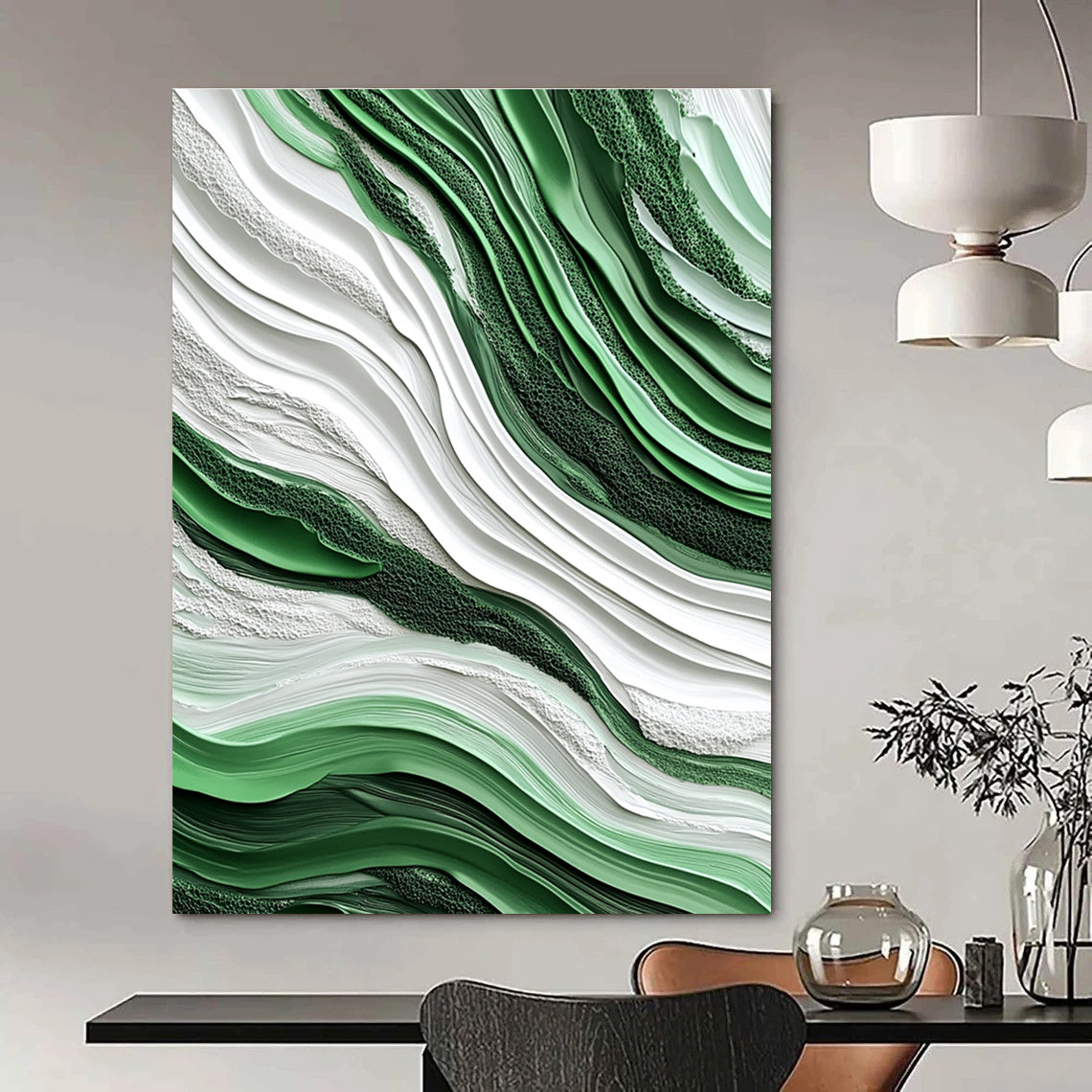 Green and White Wave - Shaped Abstract Painting for Nature - Lover’s Bedrooms GAB0921