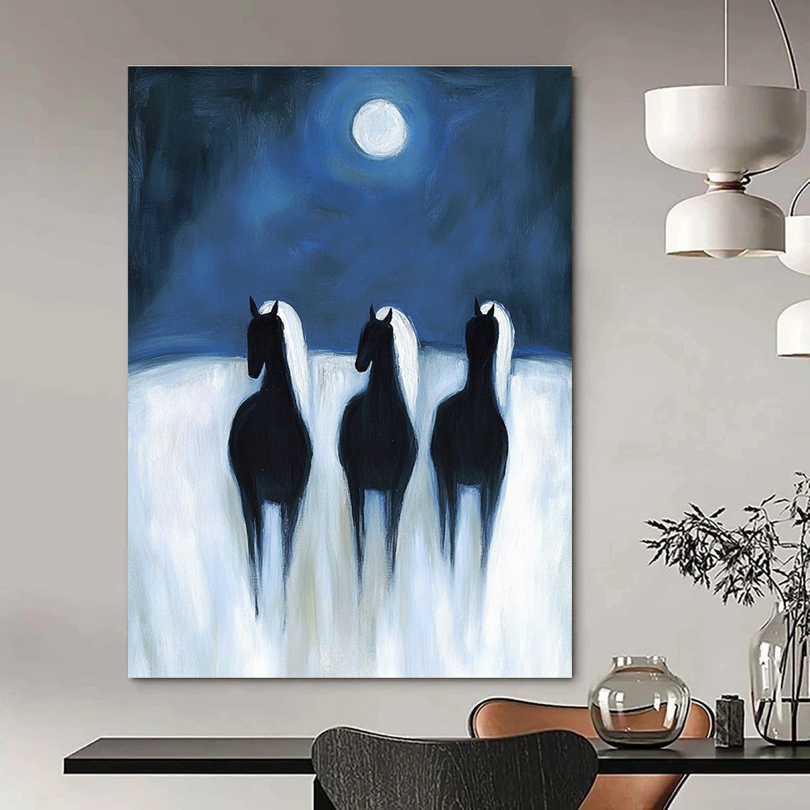Horses Under Moon Serene Abstract Painting for Nature - Inspired Spaces GAB1490