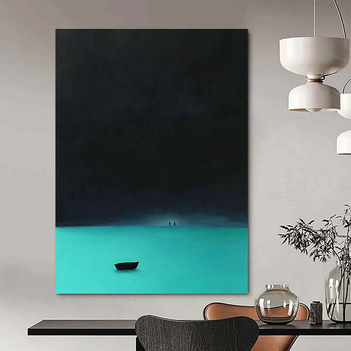 Night Lake with Boat Abstract Painting for Serene Bedroom Retreats GAB1341