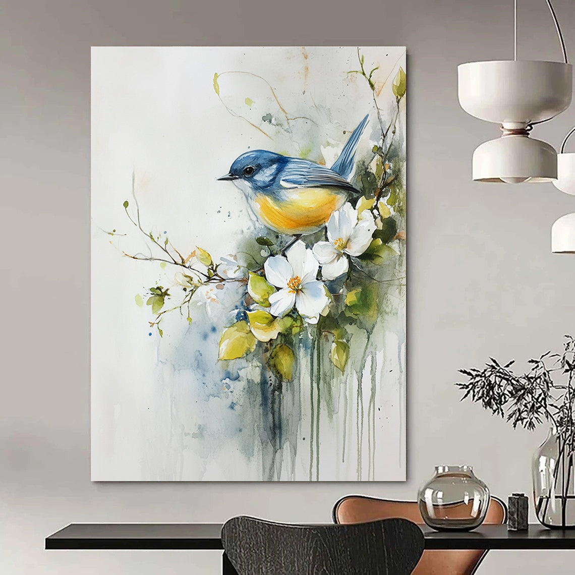 Delicate Bird and Flowers Abstract Painting with Watercolor Whimsy GAB0017