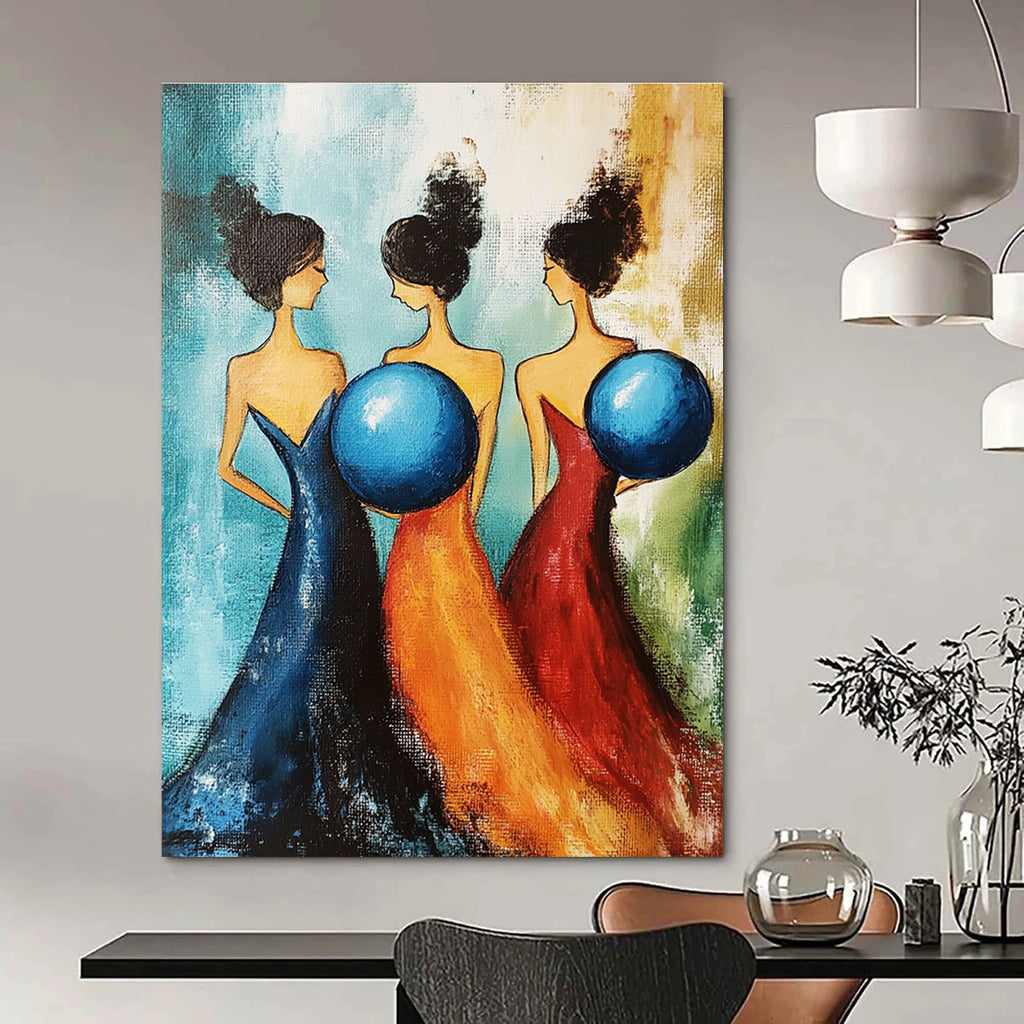 Three Women with Blue Spheres - Whimsical Figurative Abstract Art GAB0431