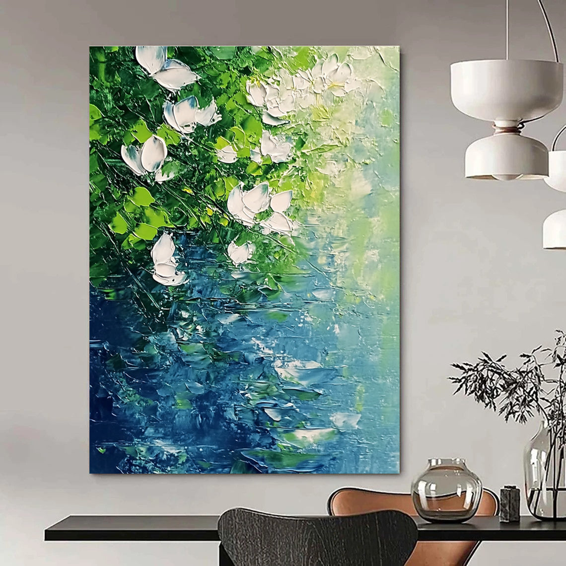 White Flowers Over Water Serene Abstract Painting for Relaxing Spaces GAB1525