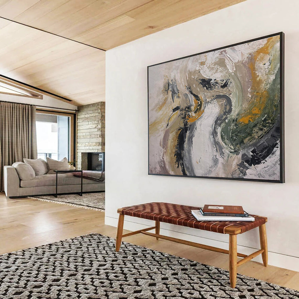 Gray - Gold - Green Abstract Painting for Modern Wellness Retreats YHT387