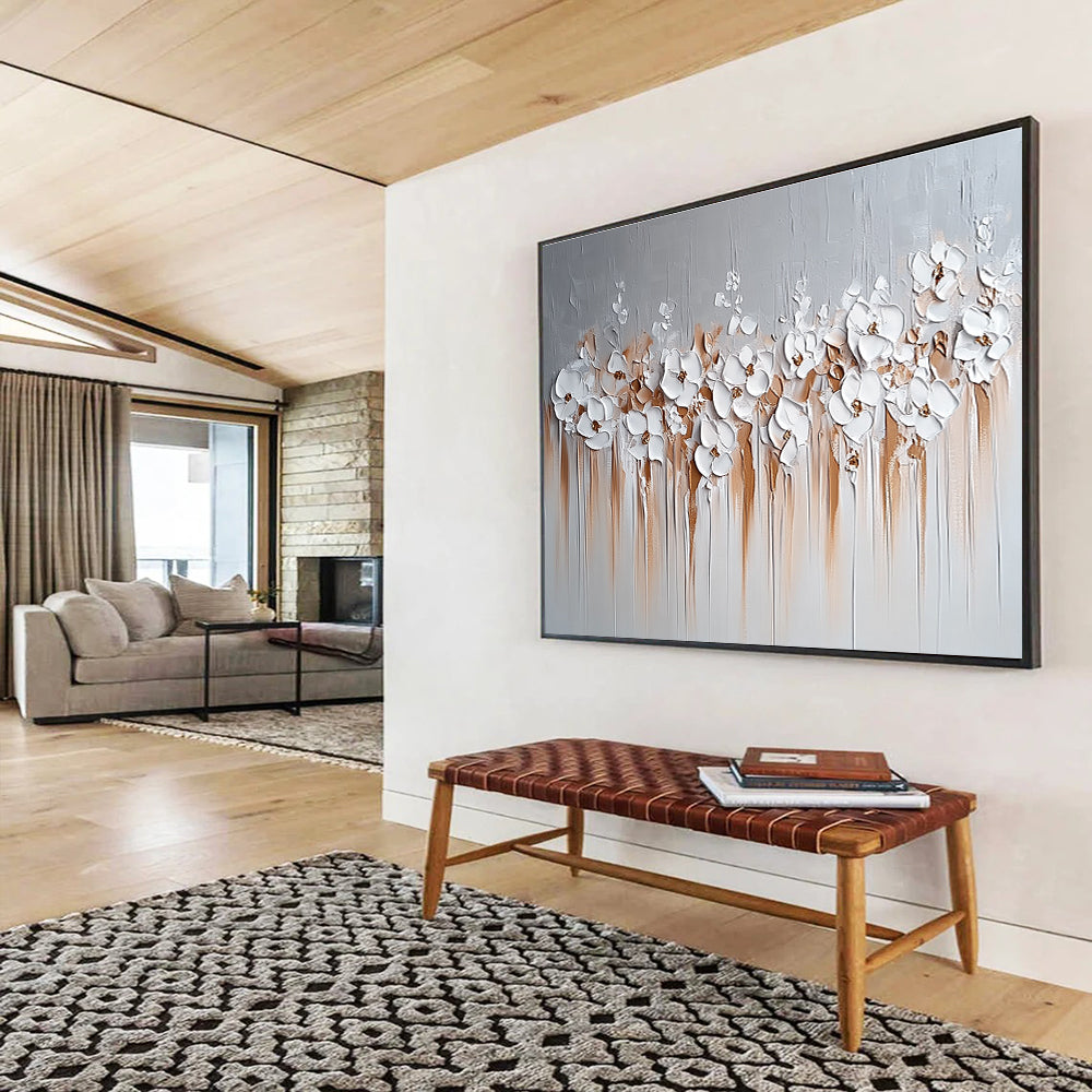 White Flowers and Brown Drips Abstract Painting with 3D Textural Beauty ABS452