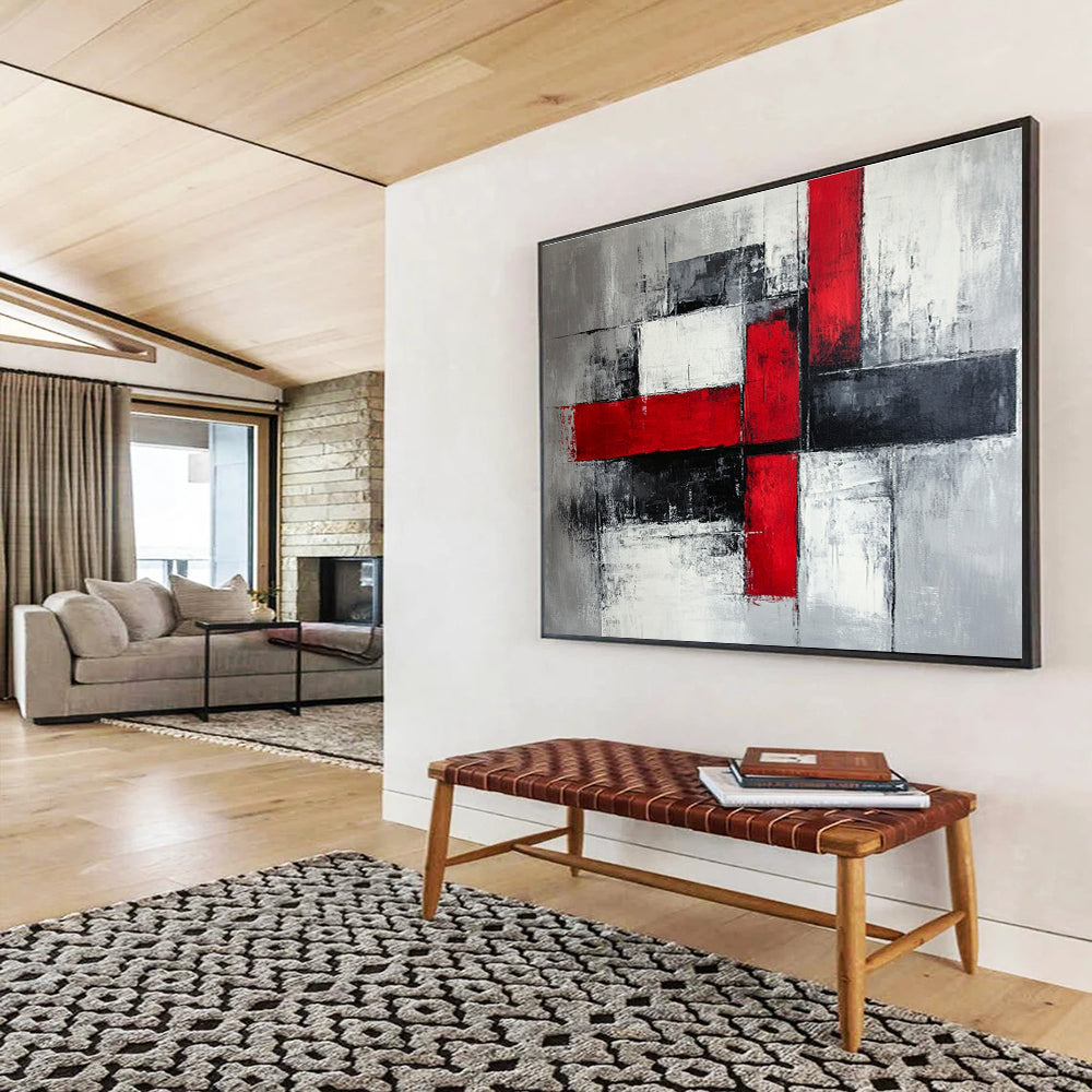 Red, Black and Gray Geometric Abstract Painting with Bold Contrasts ABS397