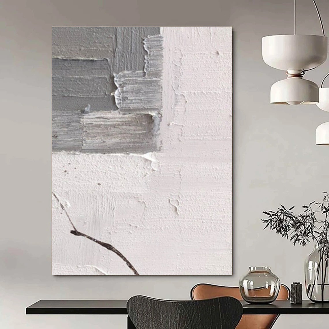 Gray and White Textured Fragmented Art Abstract Painting for Industrial - Chic Lofts HENG361