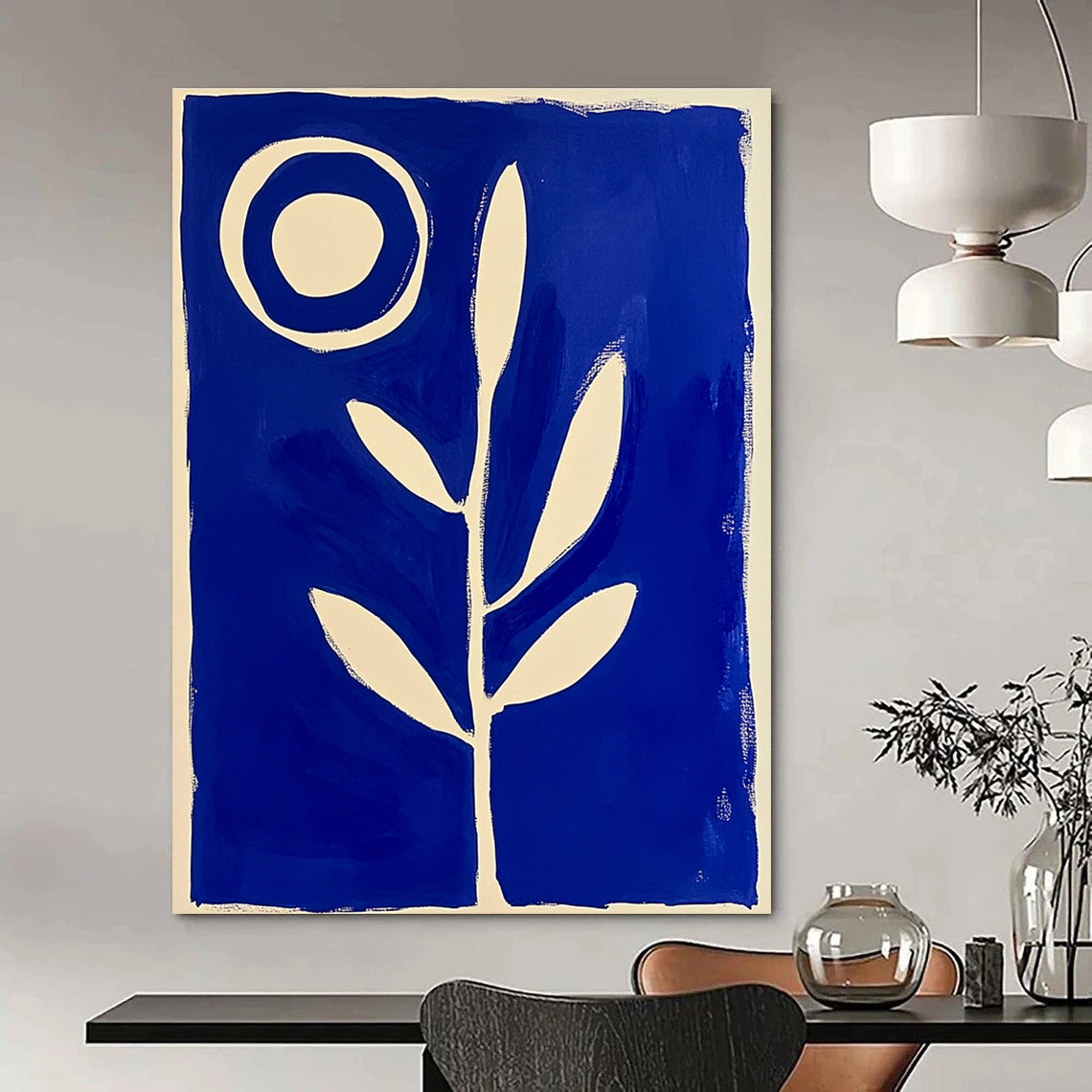 Blue and White Plant with Circle Abstract Painting GAB0040