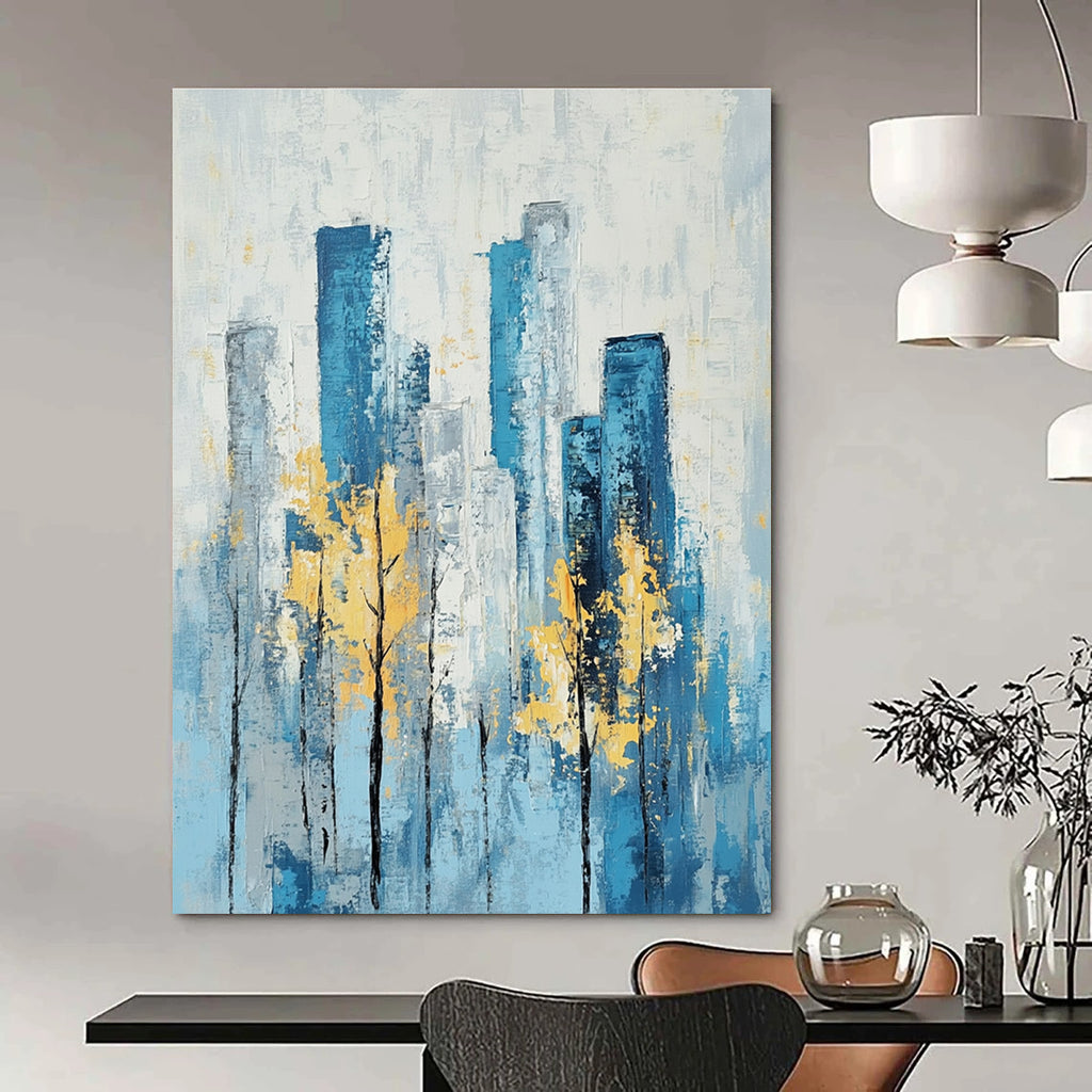 Blue Cityscape with Yellow Trees Serene Abstract Painting for Urban Homes GAB1402