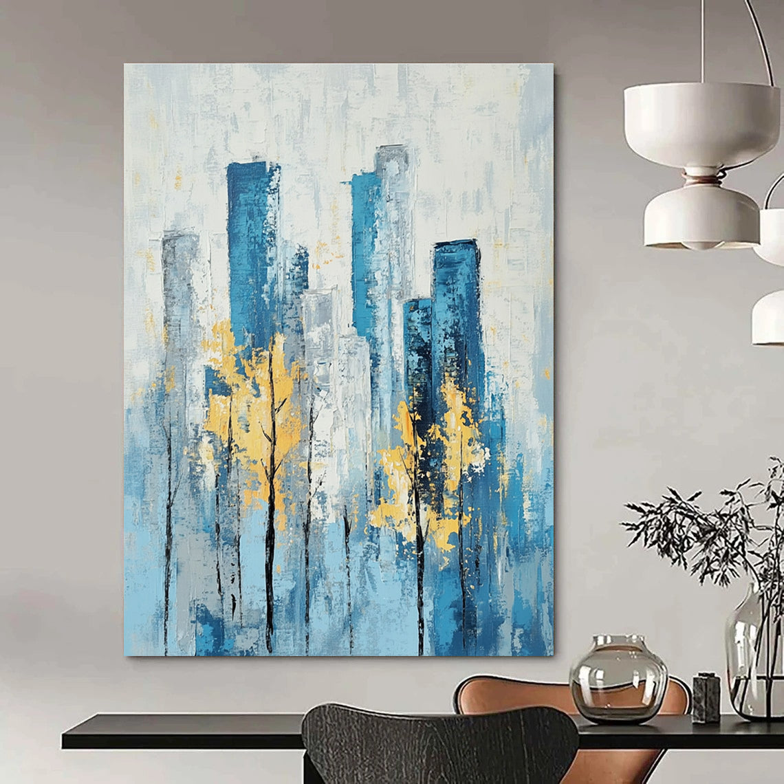 Blue Cityscape with Yellow Trees Serene Abstract Painting for Urban Homes GAB1402