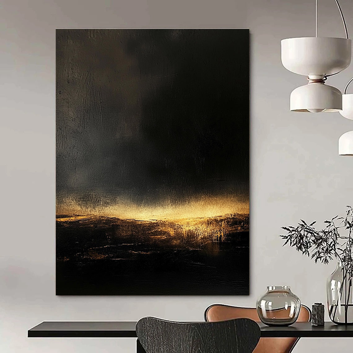 Dark Landscape with Golden Light Abstract Painting of Mysterious Dusk GAB0110