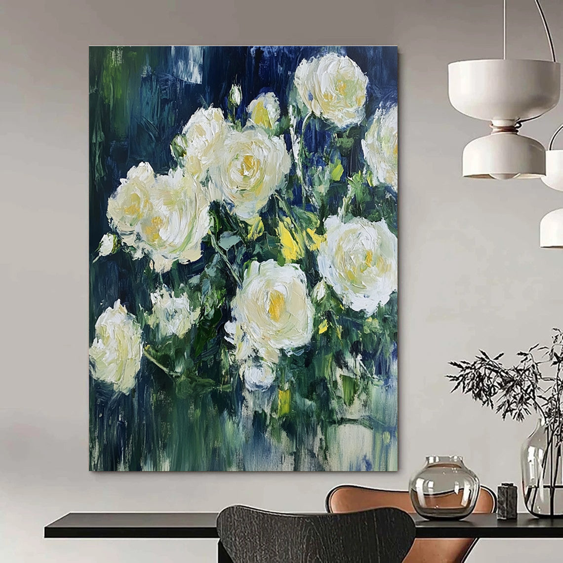 White Roses in Blue Impressionistic Abstract Painting for Romantic Spaces GAB1537