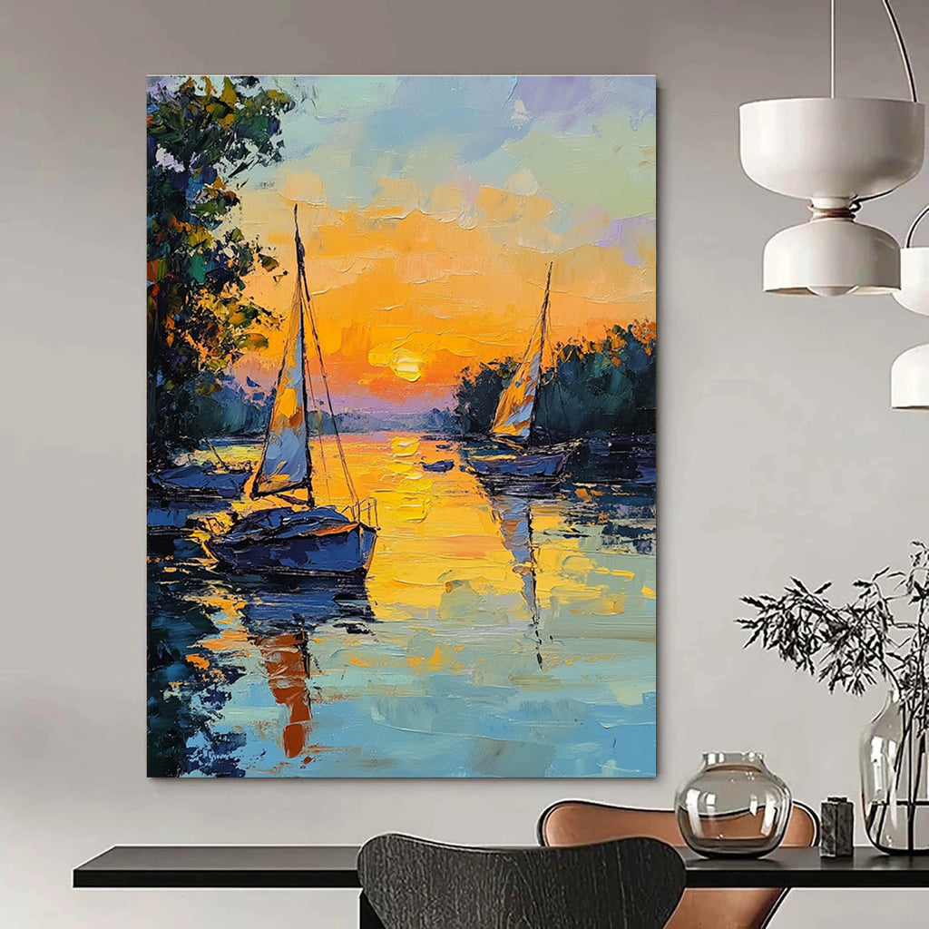 Sunset Sailboats on River Impressionistic Abstract Painting for Relaxing Spaces GAB1463