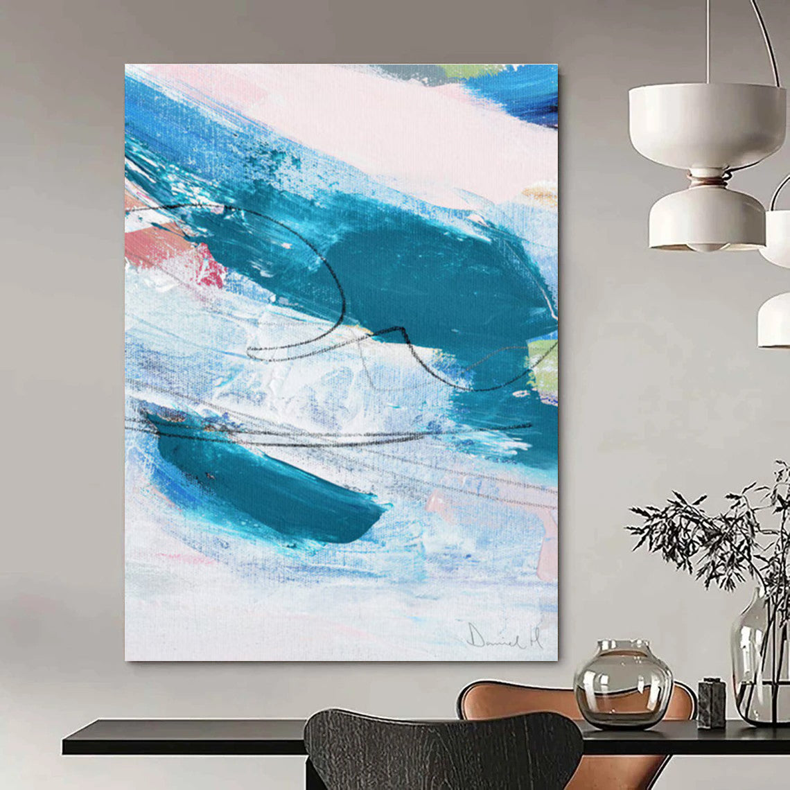 Blue - Teal Abstract with Curves Painting for Coastal - Inspired Spaces HENG151