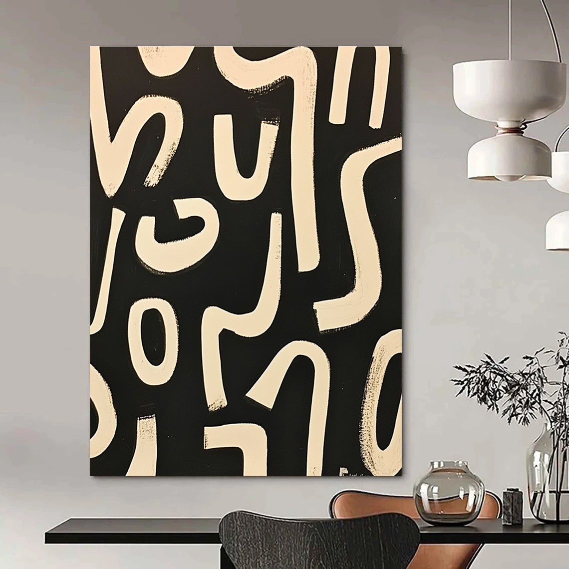 Black and White Curved Lines Dynamic Abstract Painting GAB0370