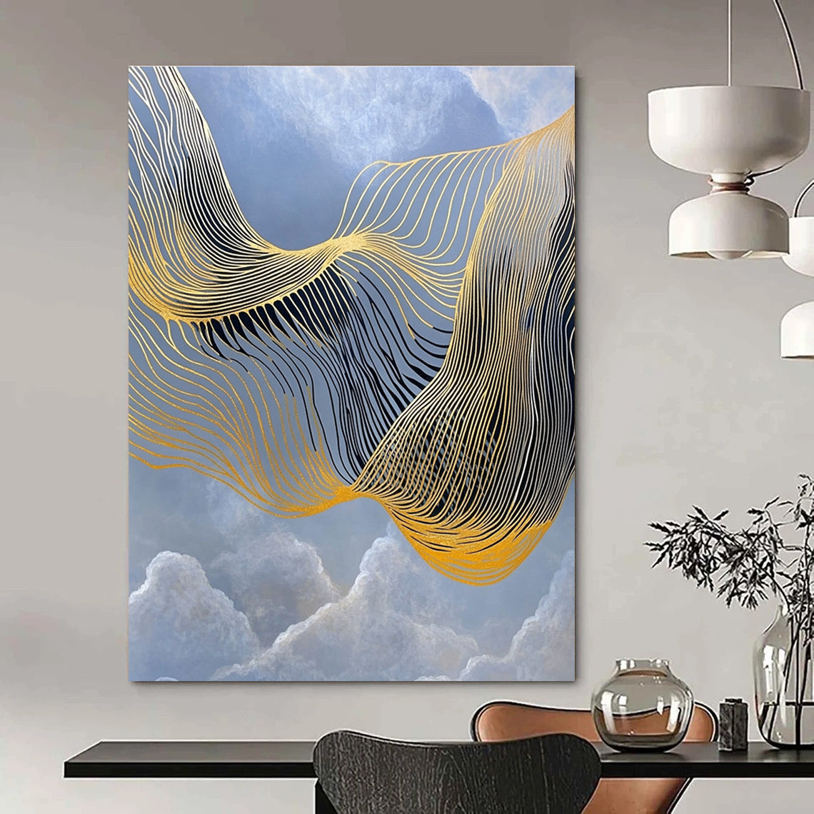 Golden Wavy Lines Abstract Painting for Luxury Hotel Lobbies GAB1321
